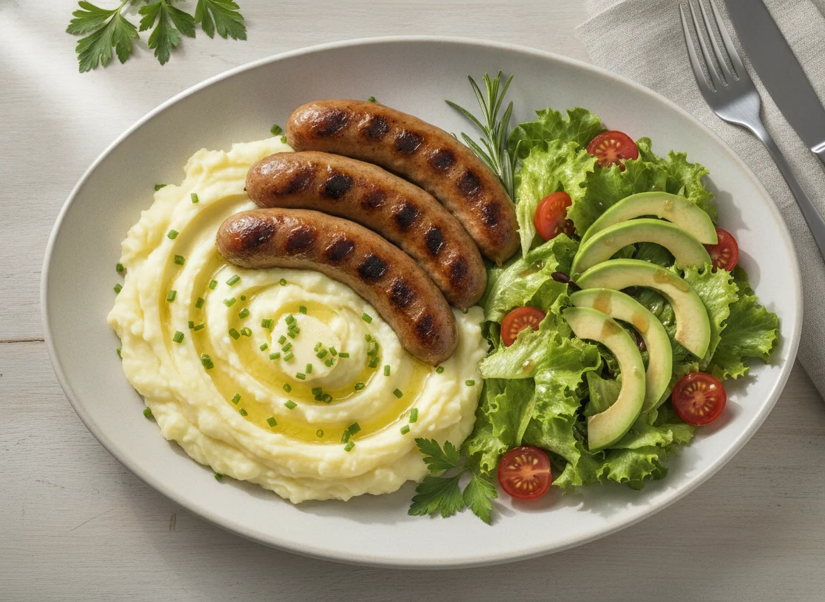 Grilled sausages with mashed potatoes and side salad photo