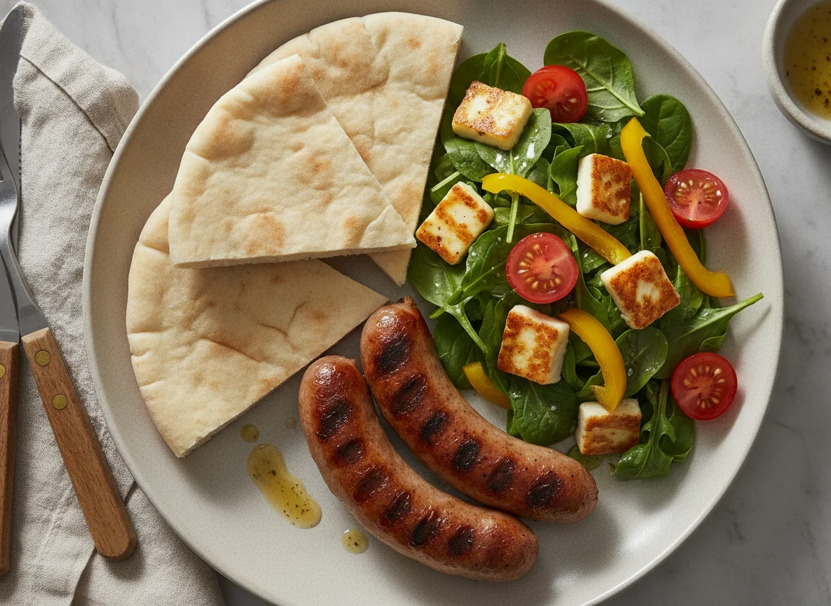 Grilled sausages with pita bread and mixed salad photo