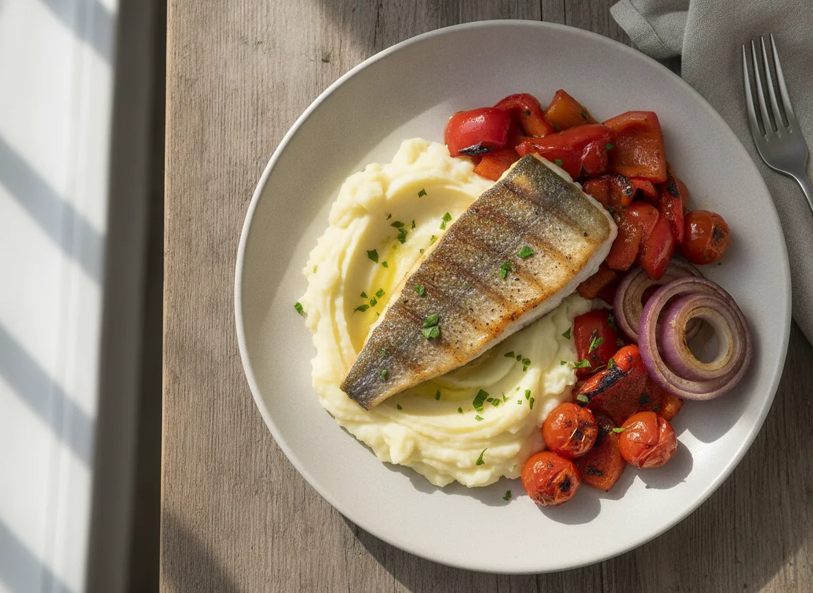 Grilled Sea Bass with Mashed Potatoes and Roasted Vegetables photo