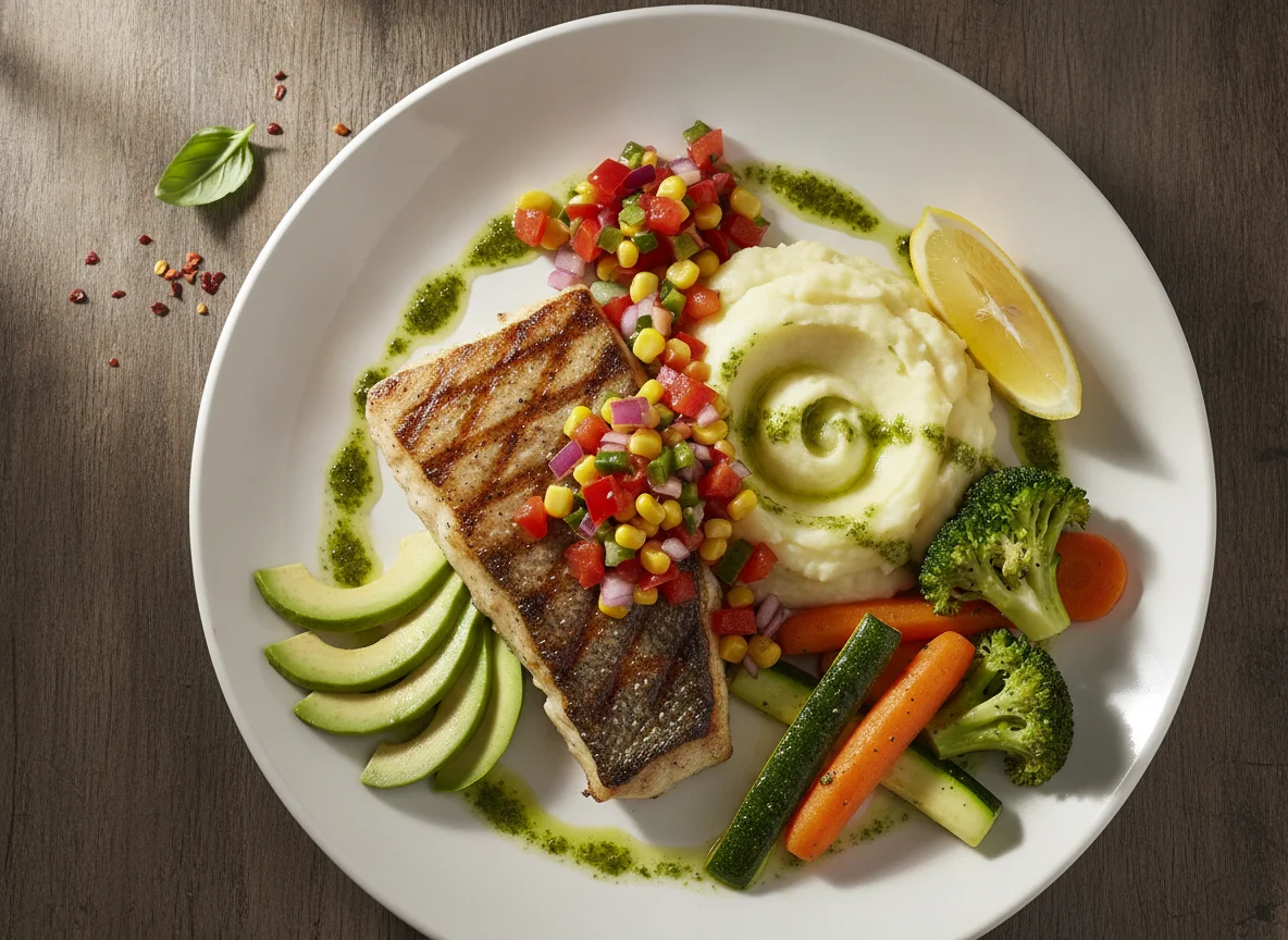 Grilled Sea Bass with Mashed Potatoes and Vegetables photo
