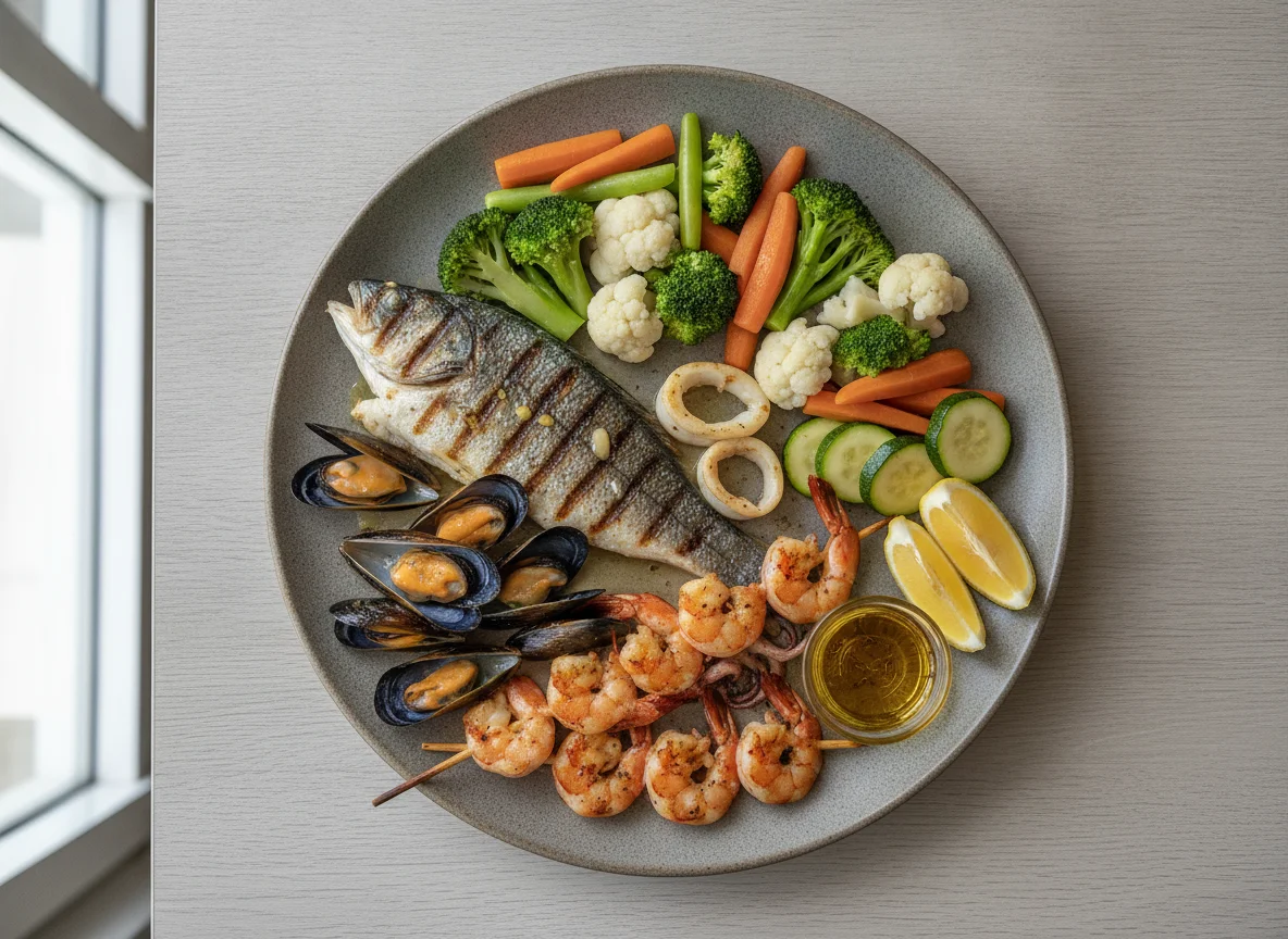 Grilled Seafood Platter with Steamed Vegetables photo