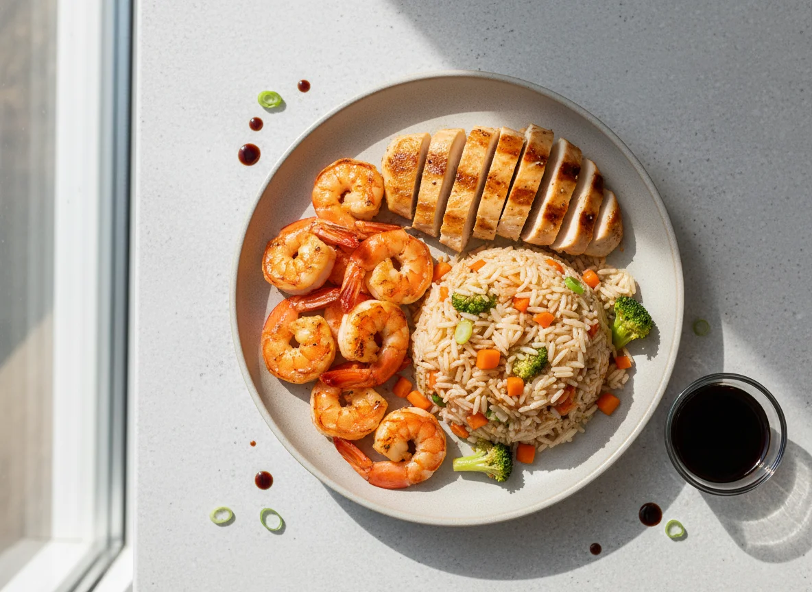 Grilled Shrimp, Chicken Breast, and Vegetable Rice photo