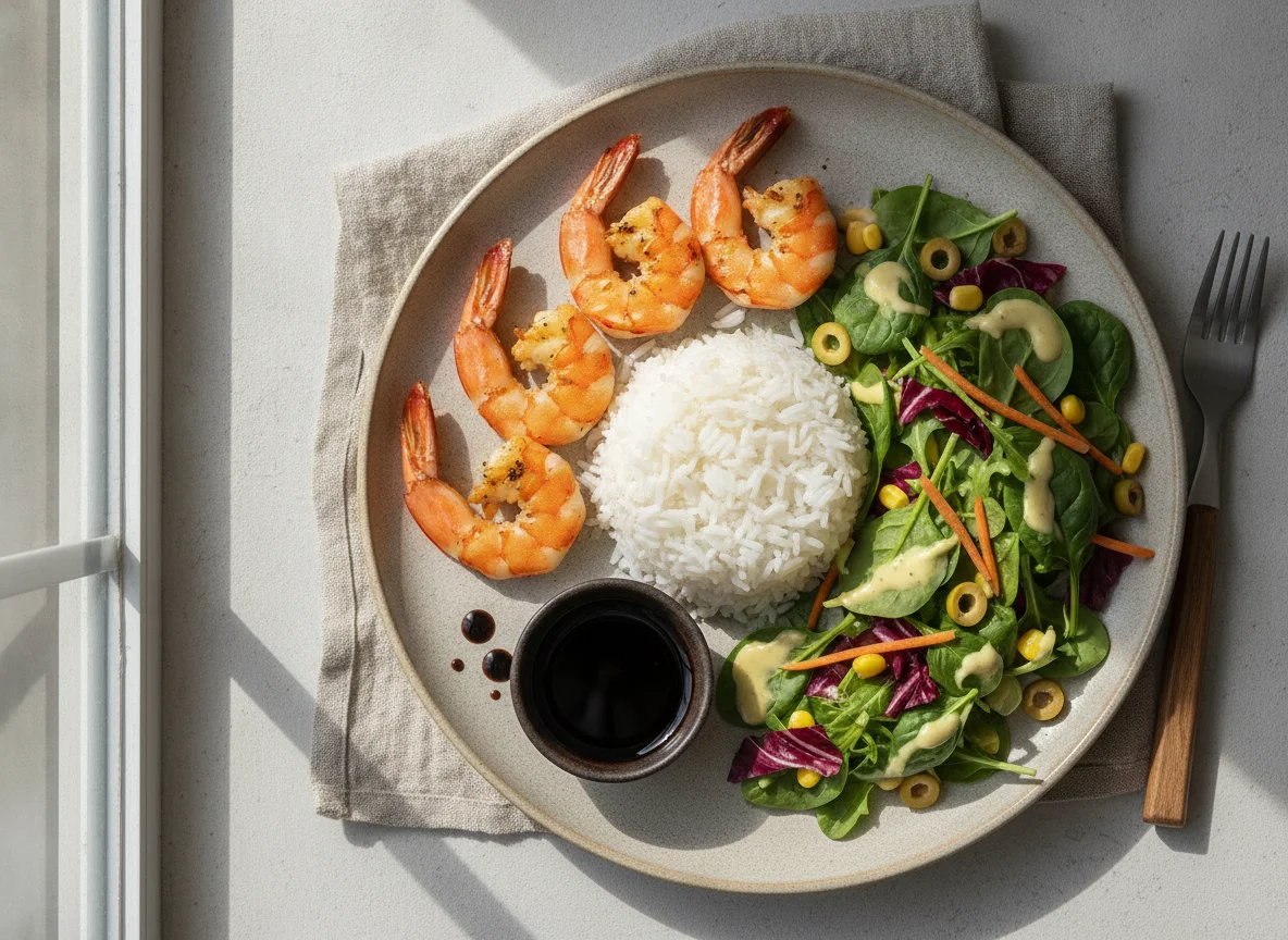 Grilled shrimp with rice and mixed salad photo