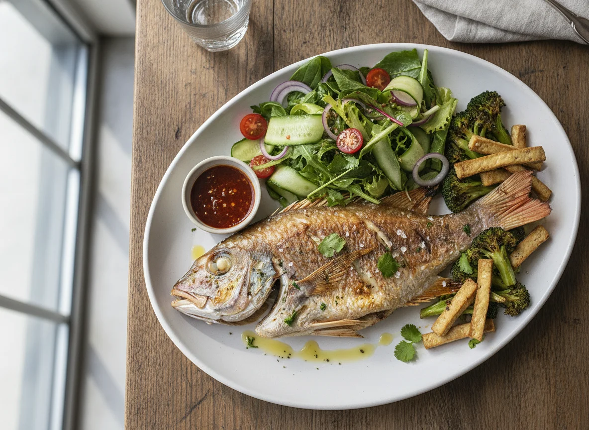 Grilled Snapper with Fresh Salad and Broccoli photo