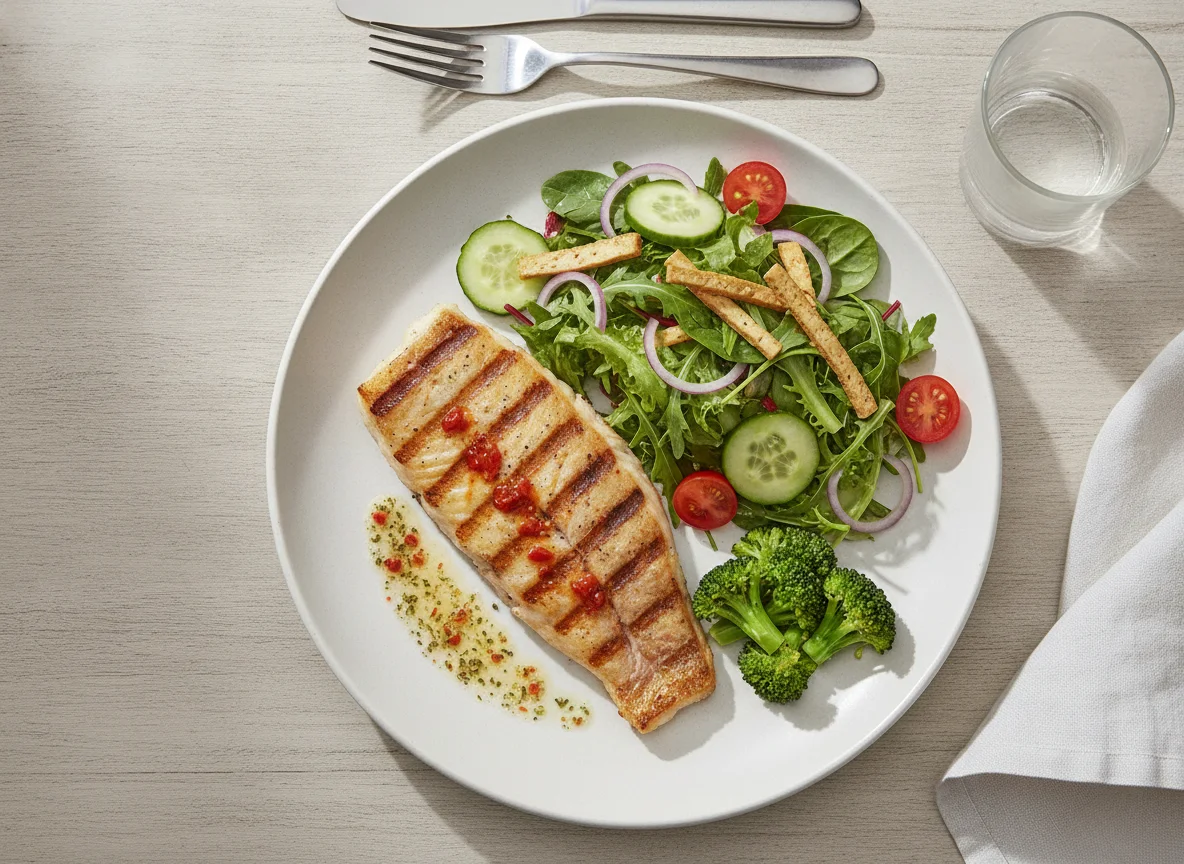Grilled Snapper with Mixed Salad and Broccoli photo