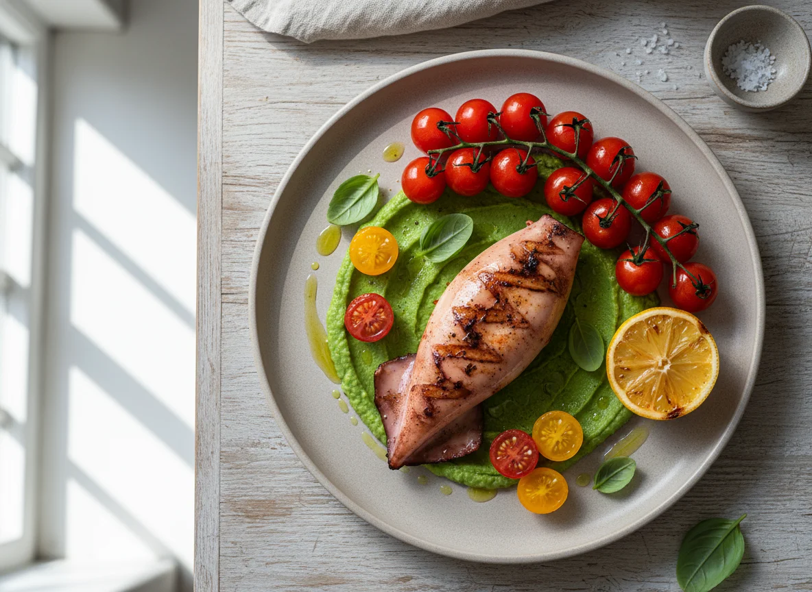 Grilled Squid with Green Puree and Cherry Tomatoes photo