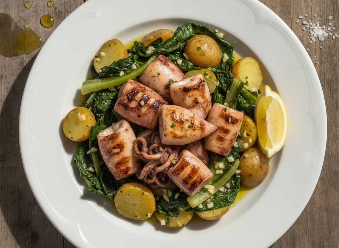Grilled squid with Swiss chard and potatoes photo