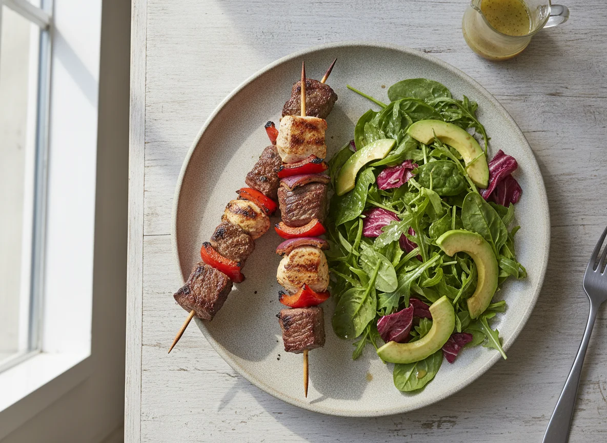 Grilled Steak and Chicken Skewers with Mixed Green Salad photo