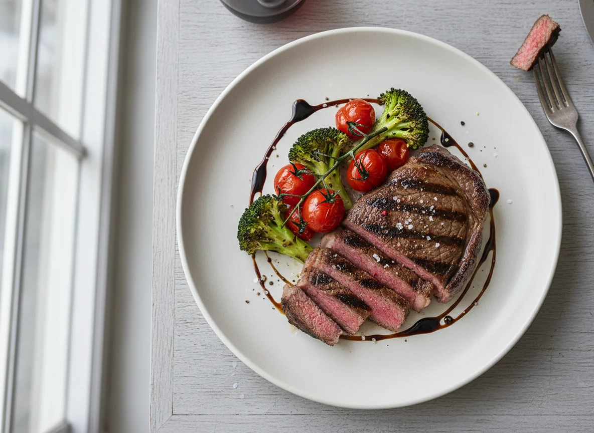 Grilled Steak with Broccoli and Cherry Tomatoes photo