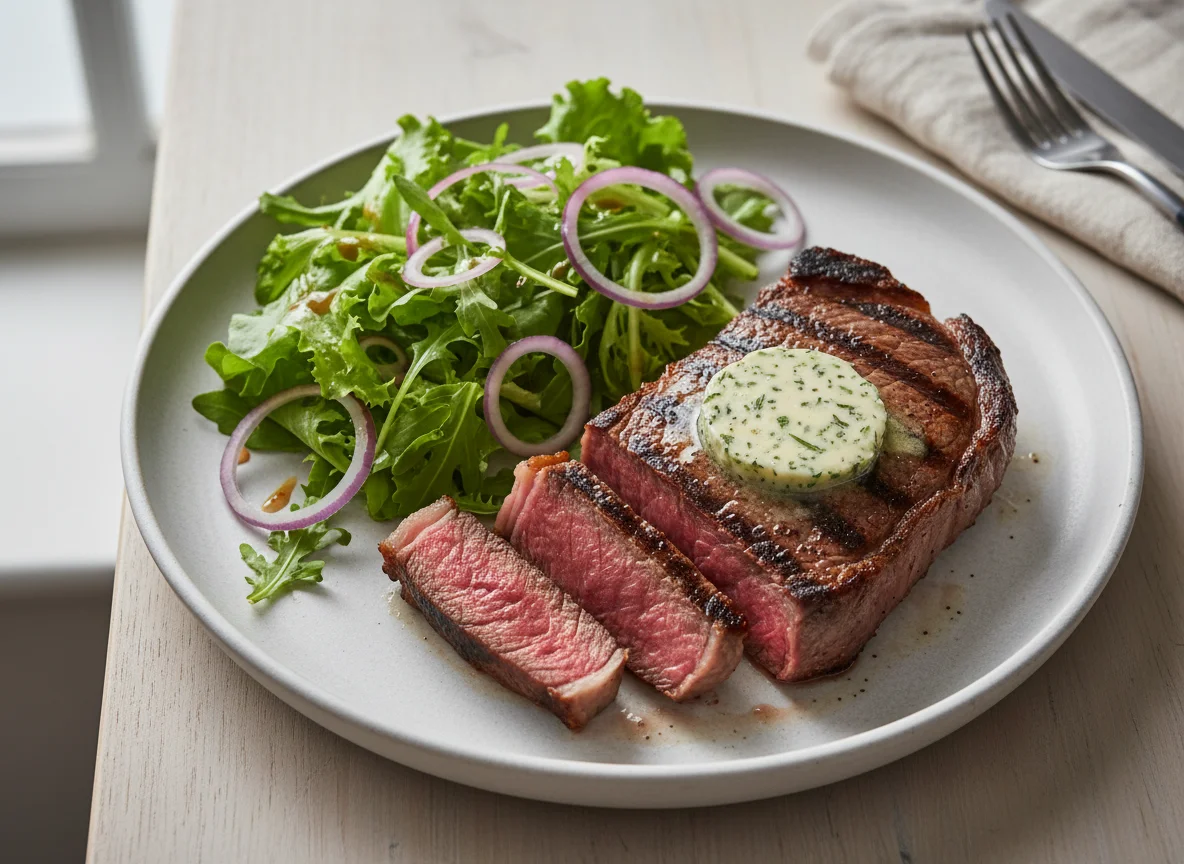 Grilled Steak with Butter and Mixed Leaf Salad photo