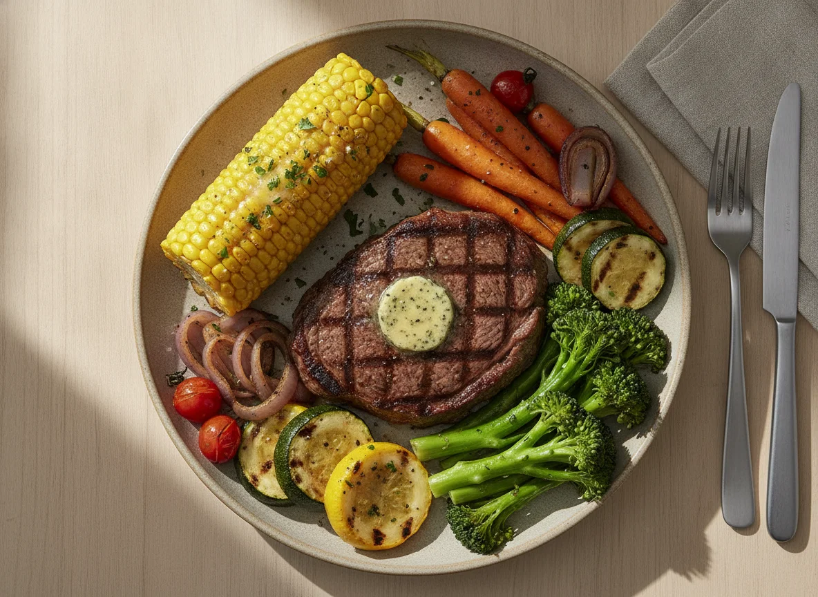 Grilled Steak with Corn and Mixed Vegetables photo