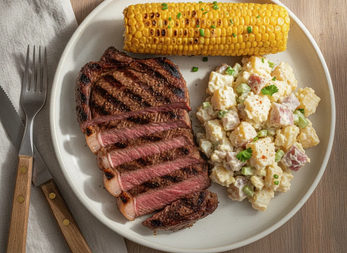 Grilled Steak with Corn on the Cob and Potato Salad photo