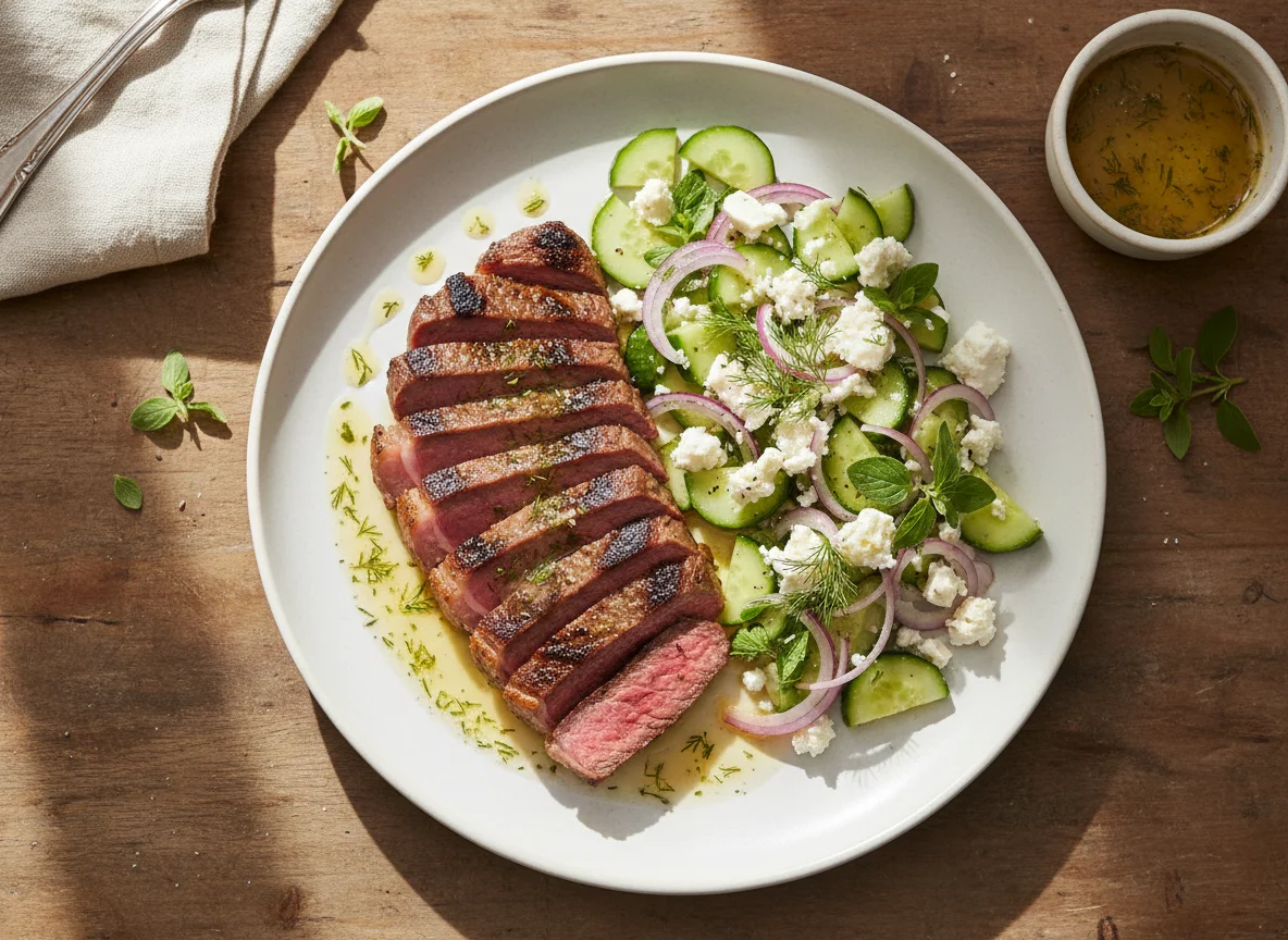 Grilled Steak with Cucumber and Feta Salad photo