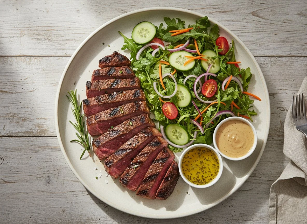 Grilled Steak with Garden Salad and Dressings photo