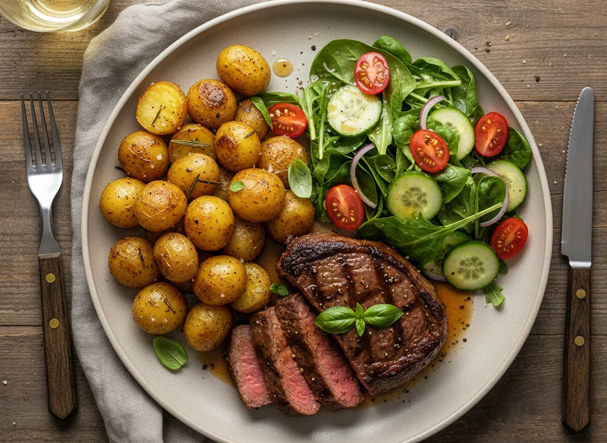 Grilled Steak with Garden Salad and Roasted Potatoes photo