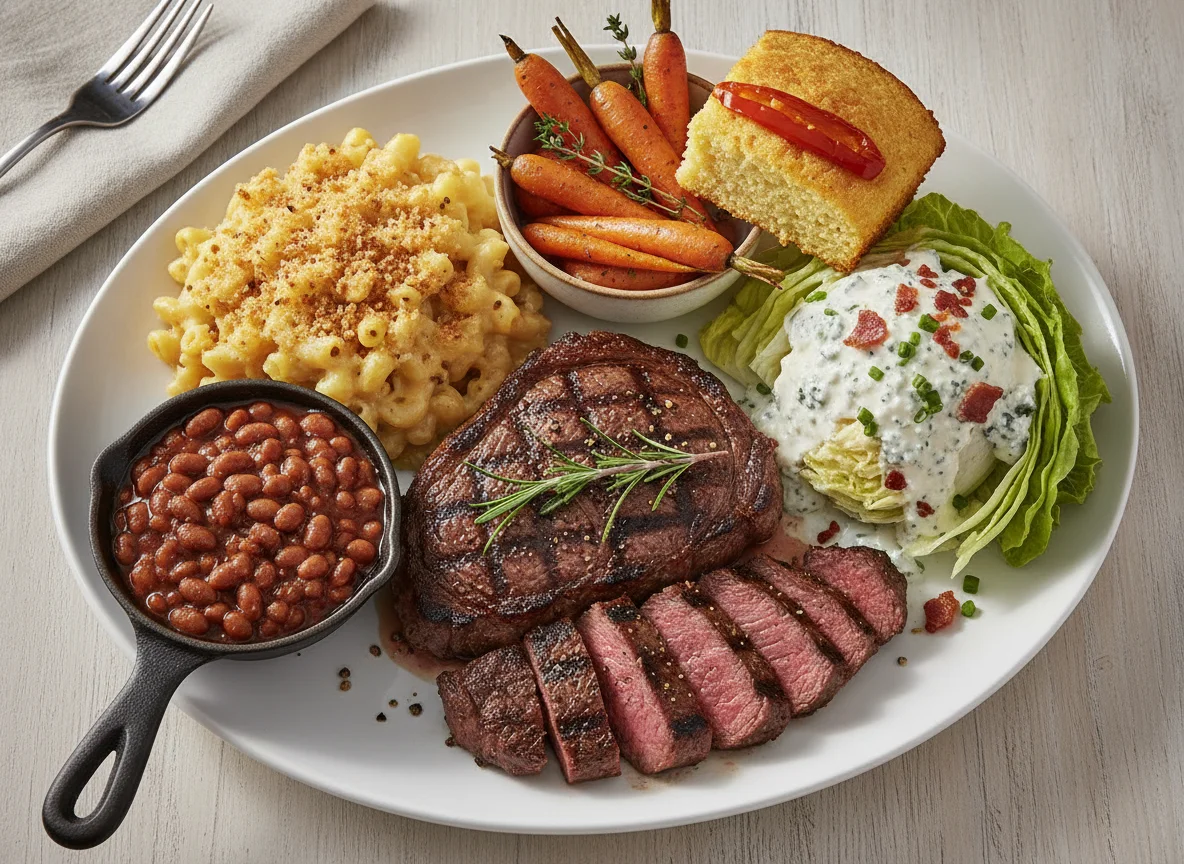 Grilled Steak with Mac and Cheese and Sides photo