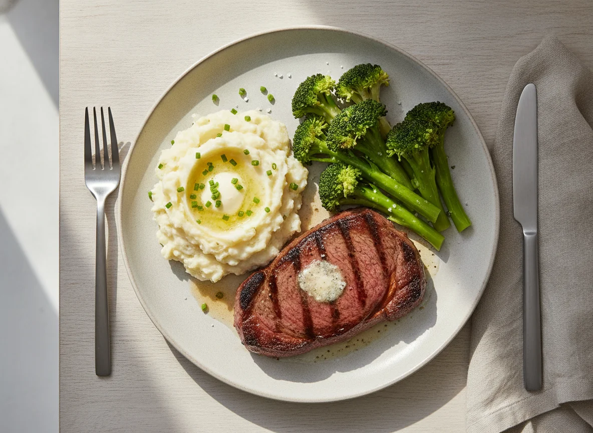 Grilled Steak with Mashed Potatoes and Broccoli photo