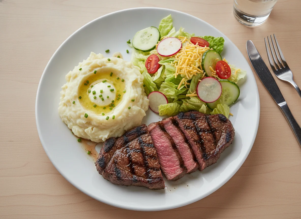 Grilled Steak with Mashed Potatoes and Garden Salad photo