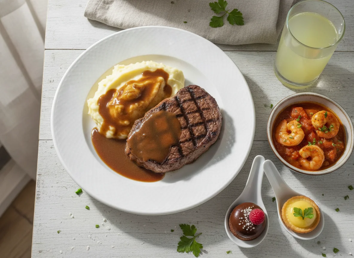 Grilled Steak with Mashed Potatoes and Gravy photo