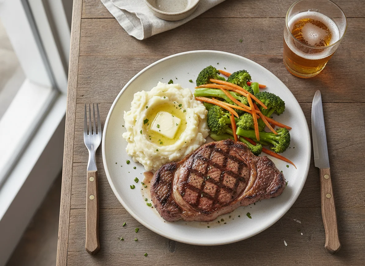 Grilled Steak with Mashed Potatoes and Steamed Vegetables photo