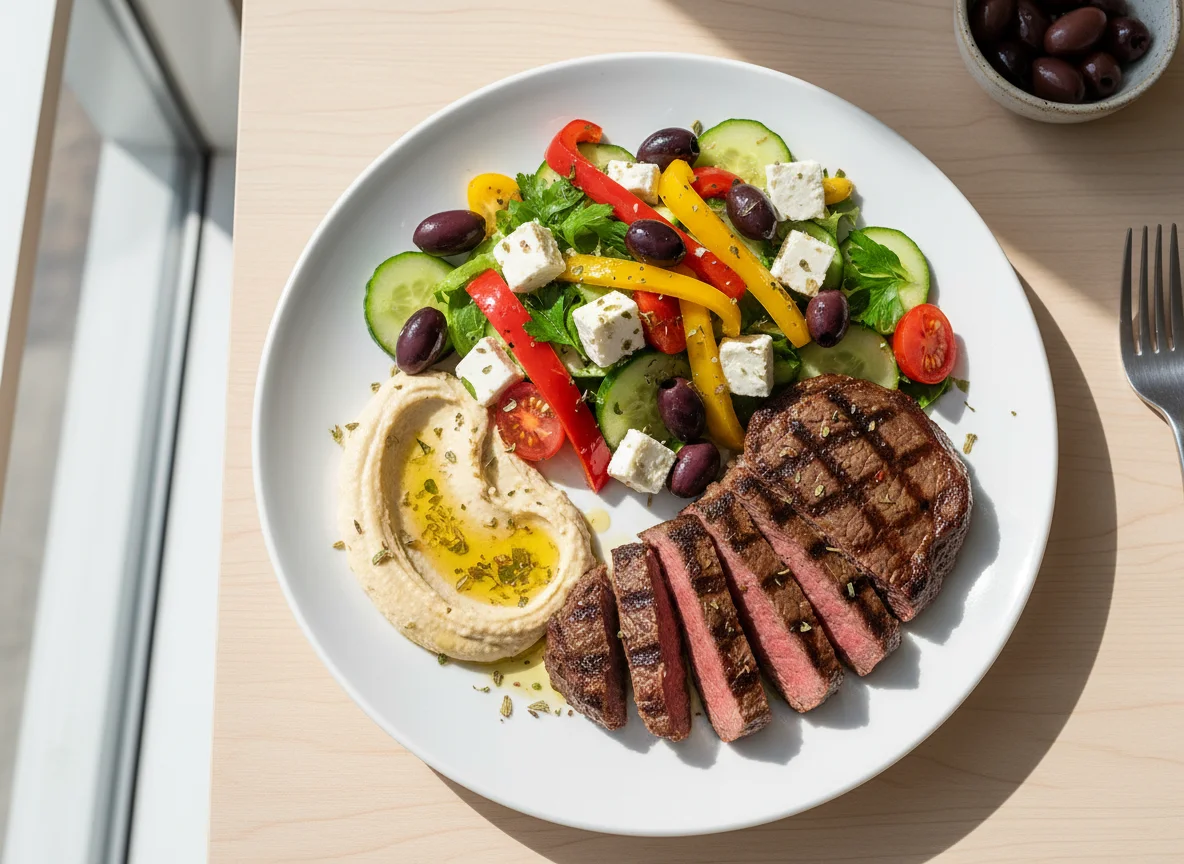 Grilled Steak with Mediterranean Salad and Feta photo