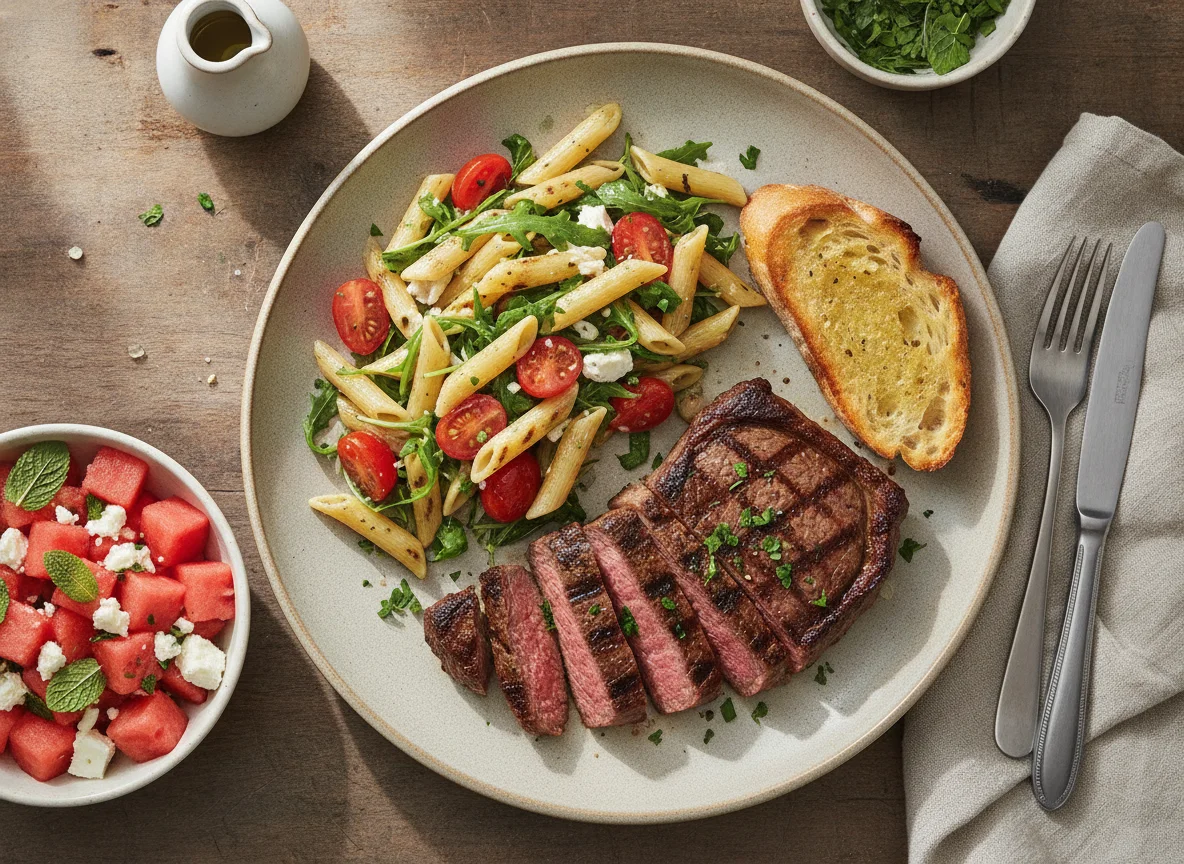 Grilled steak with pasta salad, baguette, and watermelon feta salad photo