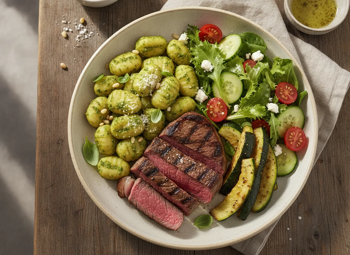 Grilled Steak with Pesto Gnocchi, Roasted Zucchini, and Garden Salad photo