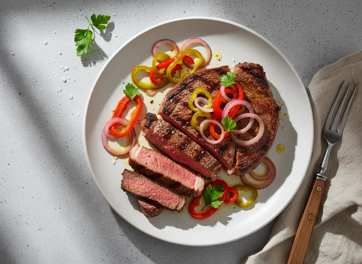 Grilled Steak with Pickled Pepper and Onion photo