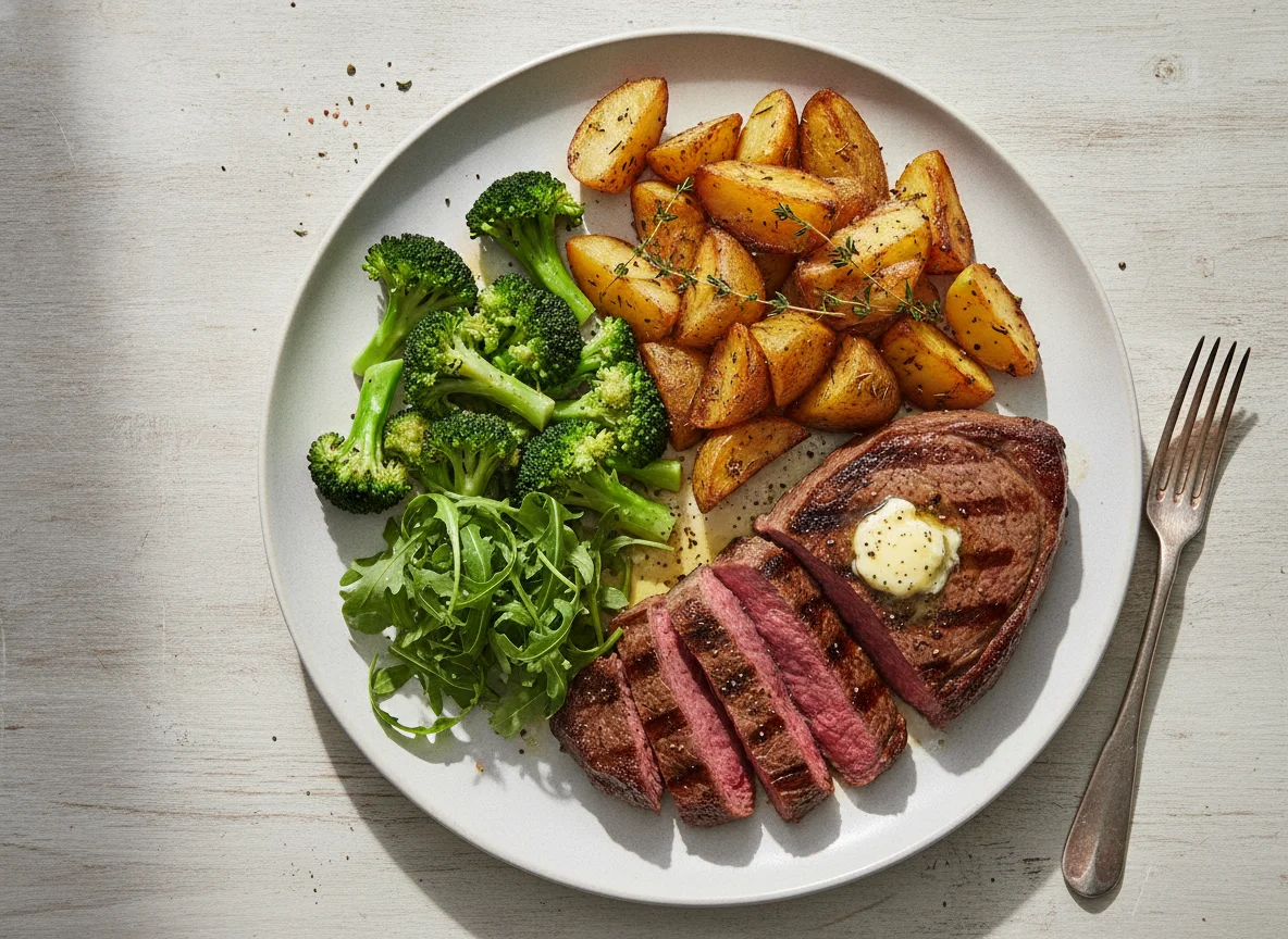 Grilled Steak with Roasted Potatoes and Broccoli photo