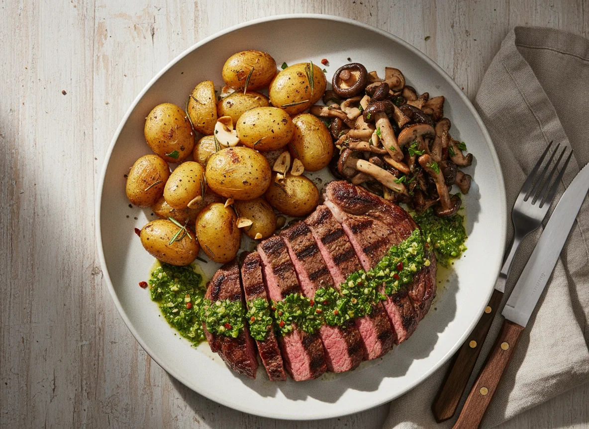 Grilled Steak with Roasted Potatoes and Mushrooms photo