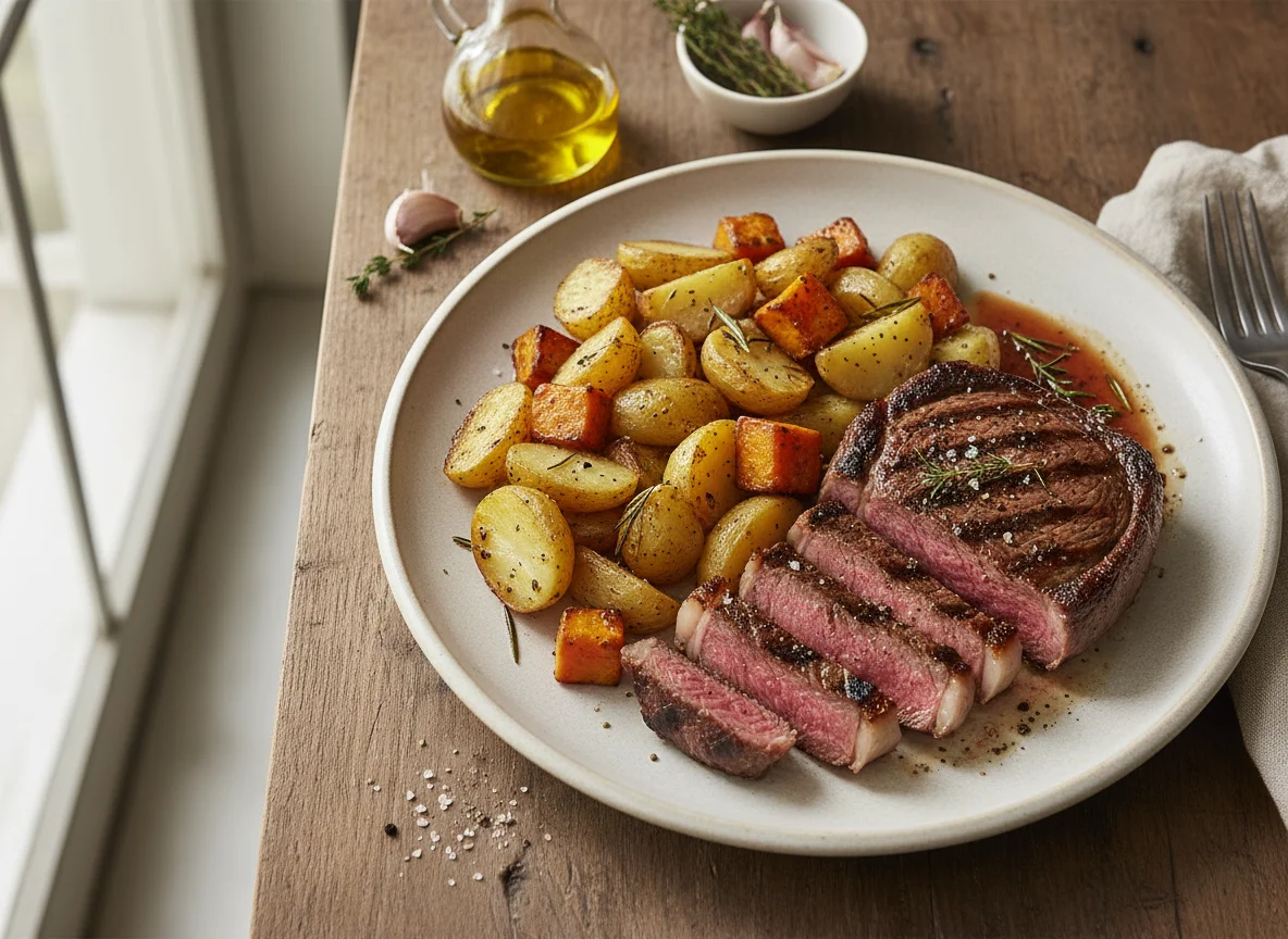 Grilled Steak with Roasted Potatoes and Sweet Potatoes photo