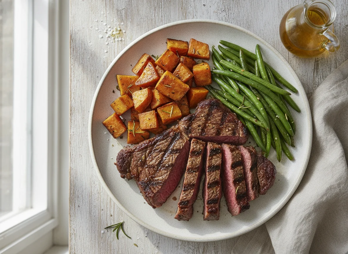 Grilled Steak with Roasted Sweet Potatoes and Green Beans photo