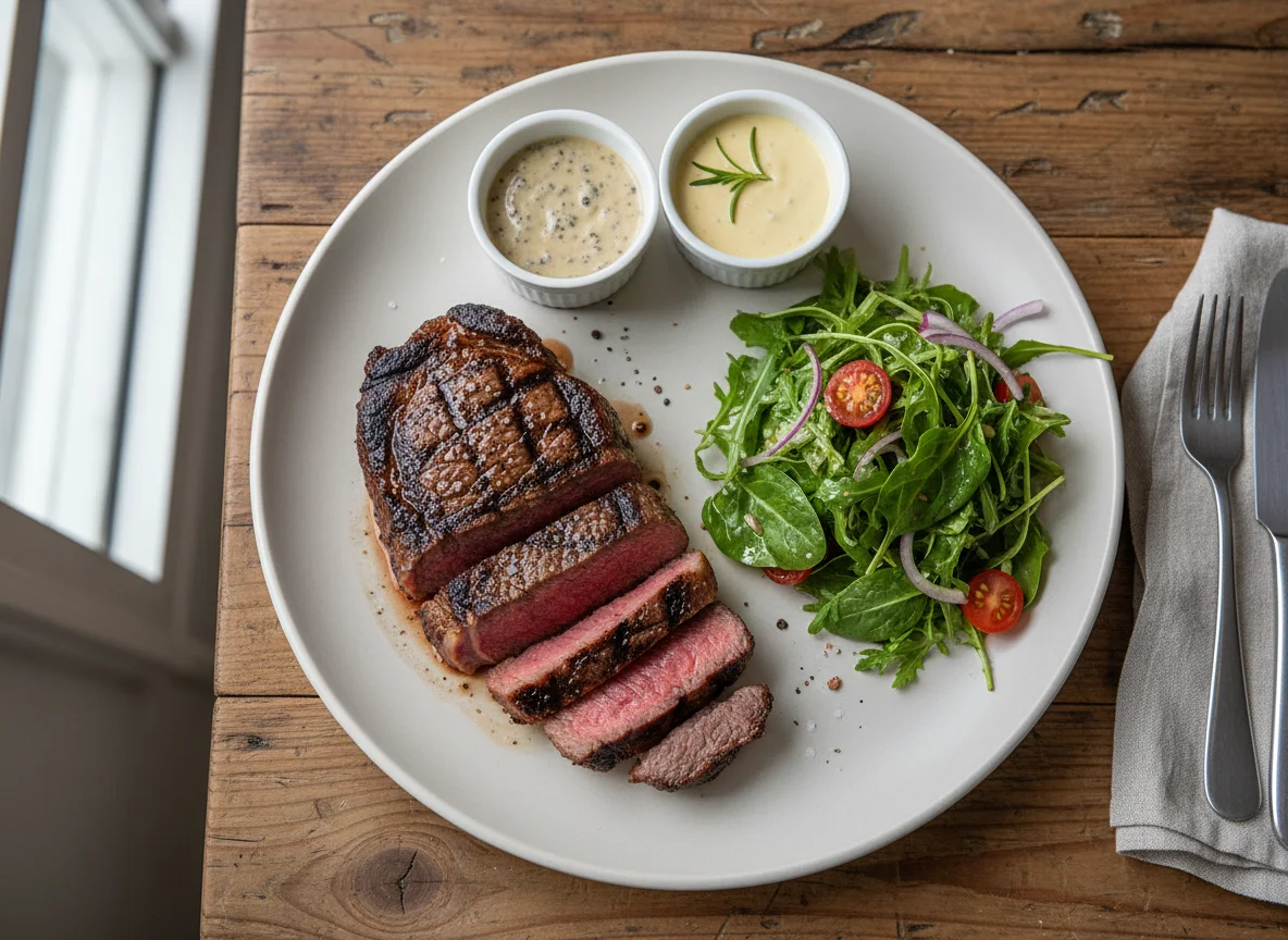 Grilled Steak with Salad and Sauces photo
