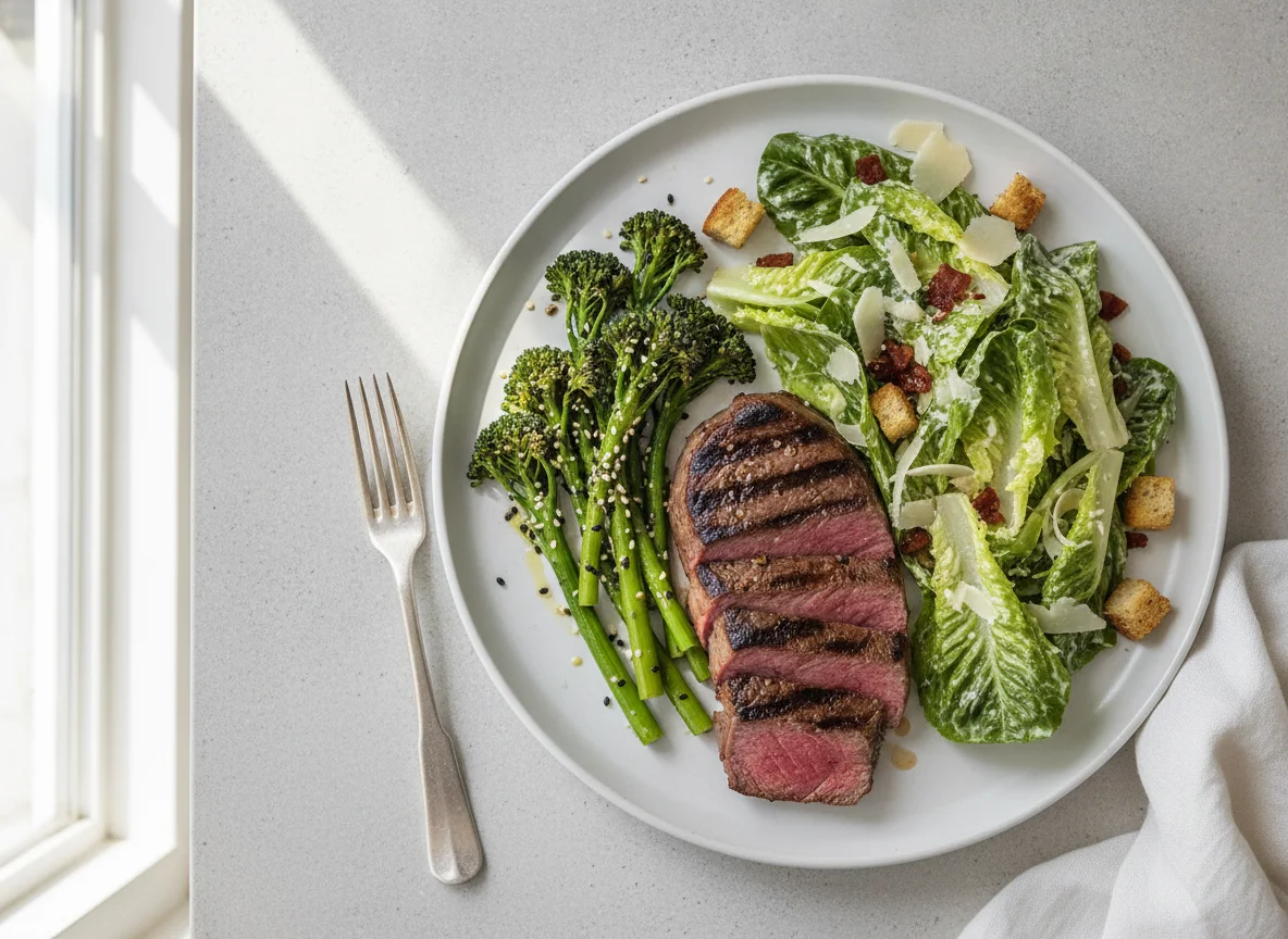 Grilled Steak with Tenderstem Broccoli and Caesar Salad photo