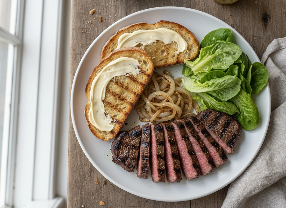 Grilled Steak with Toast and Salad photo