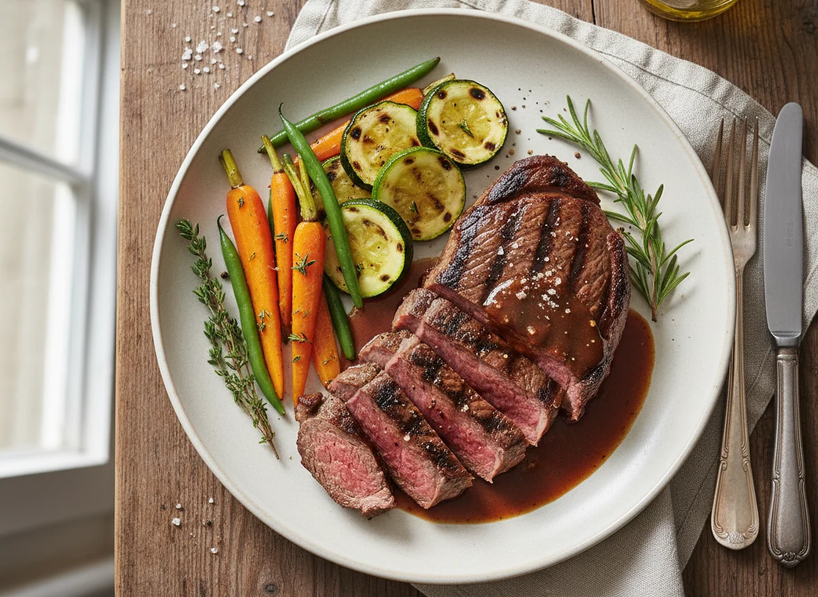 Grilled Steak with Vegetables and Sauce photo