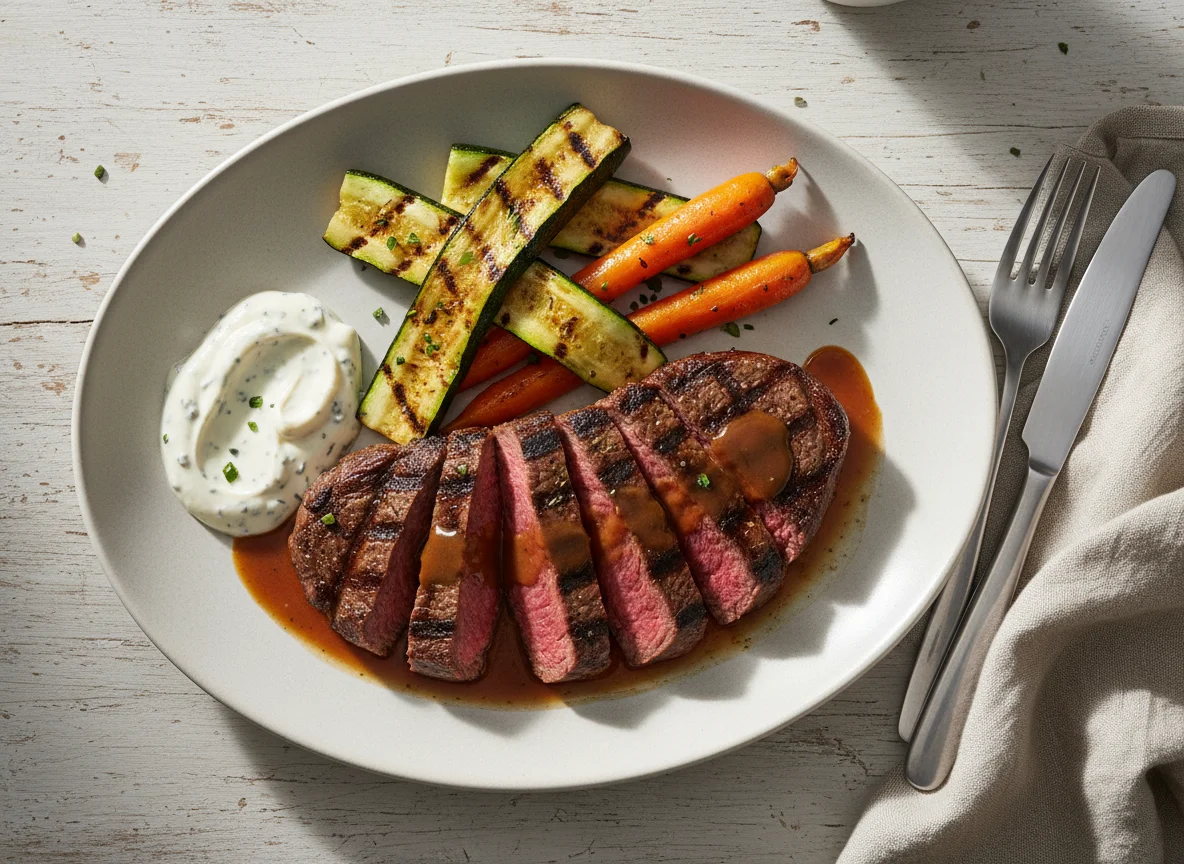 Grilled Steak with Vegetables and Sauces photo