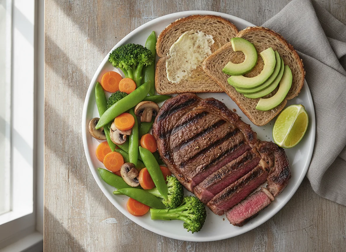 Grilled Steak with Vegetables and Toast photo