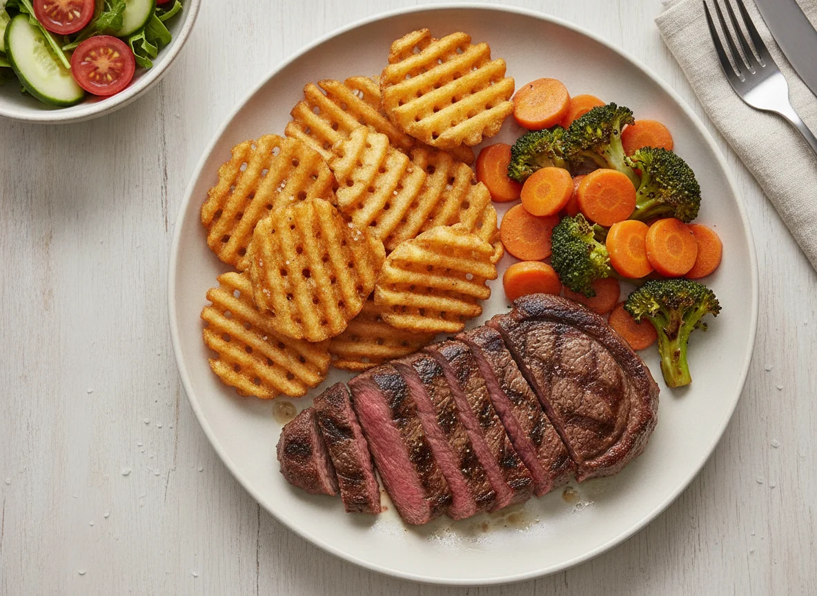 Grilled Steak with Waffle Potato and Mixed Vegetables photo
