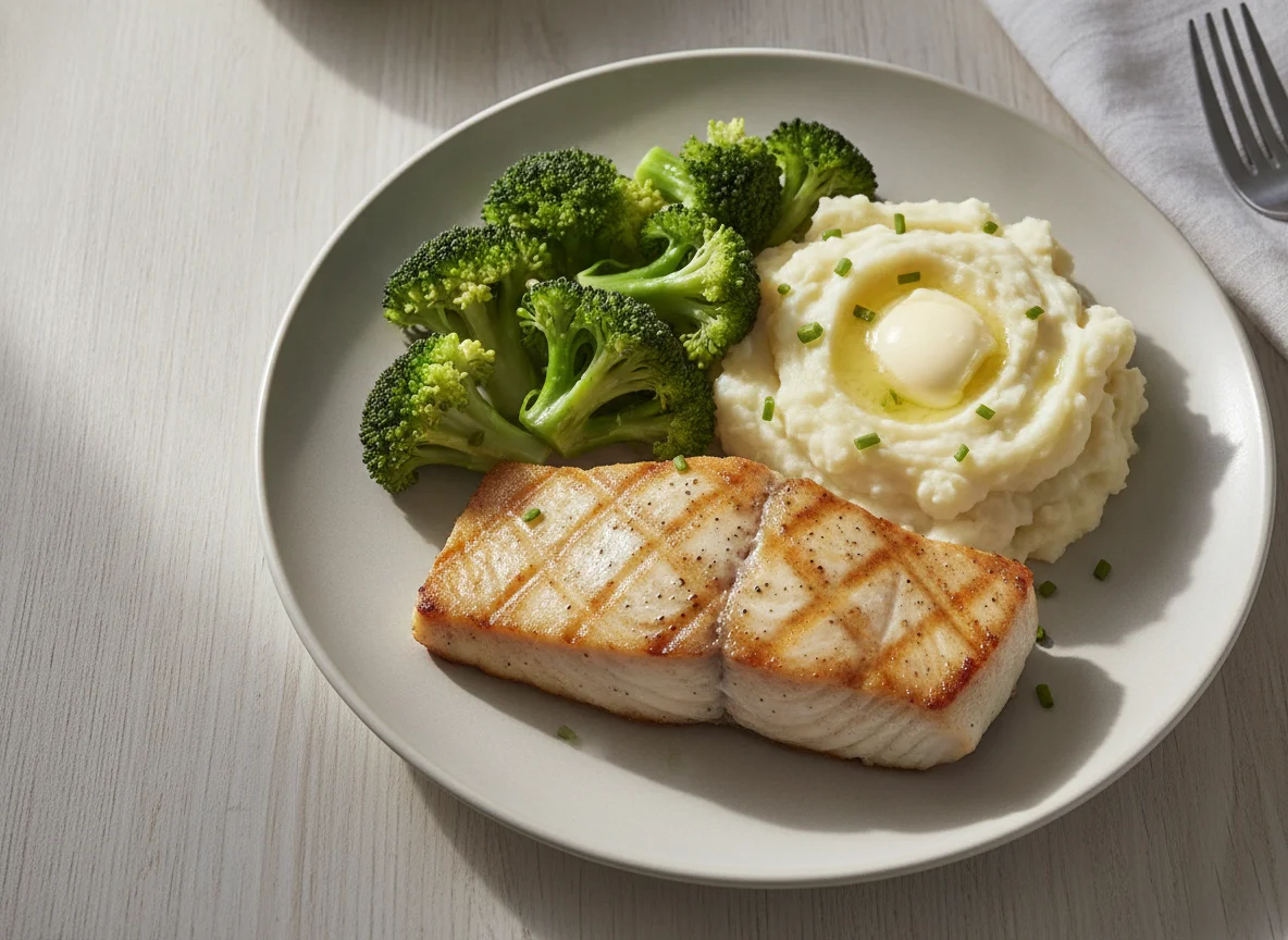 Grilled Swordfish with Mashed Potatoes and Broccoli photo