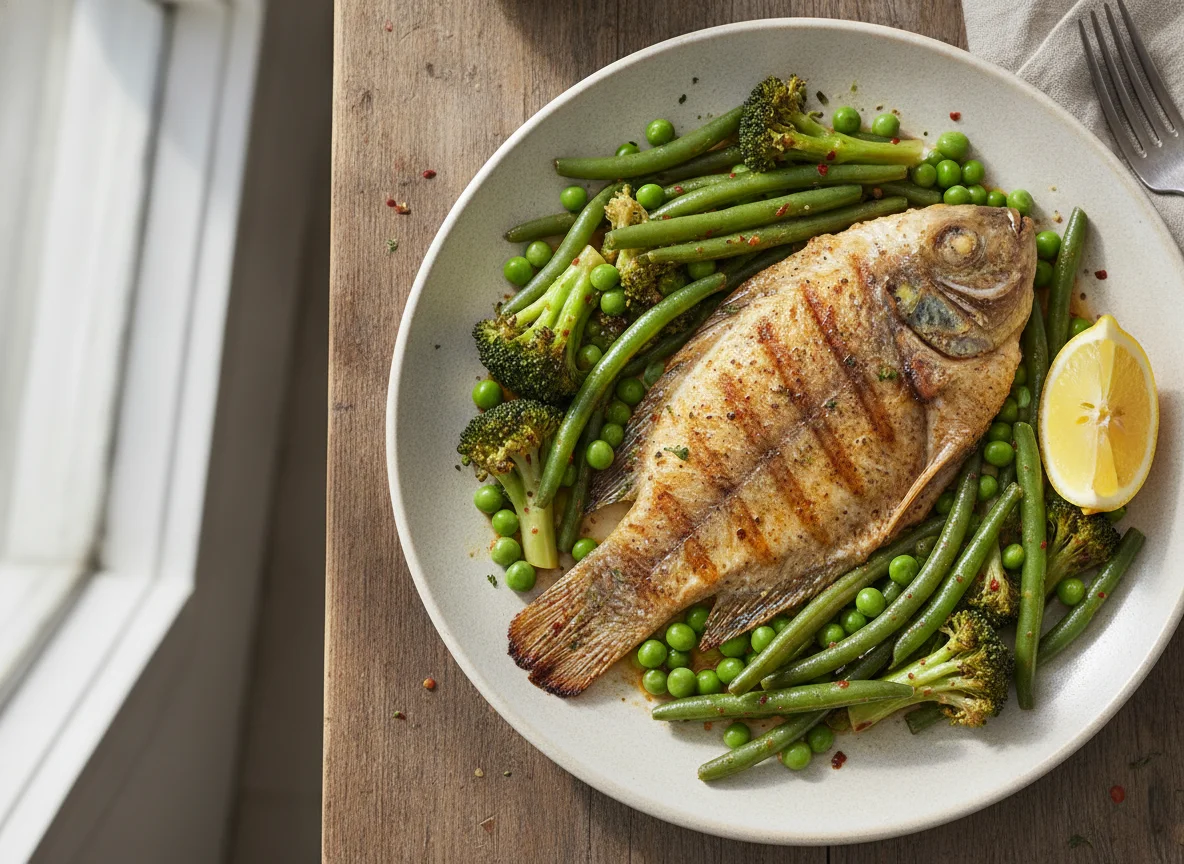 Grilled Tilapia with Peas, Broccoli, and Green Beans photo