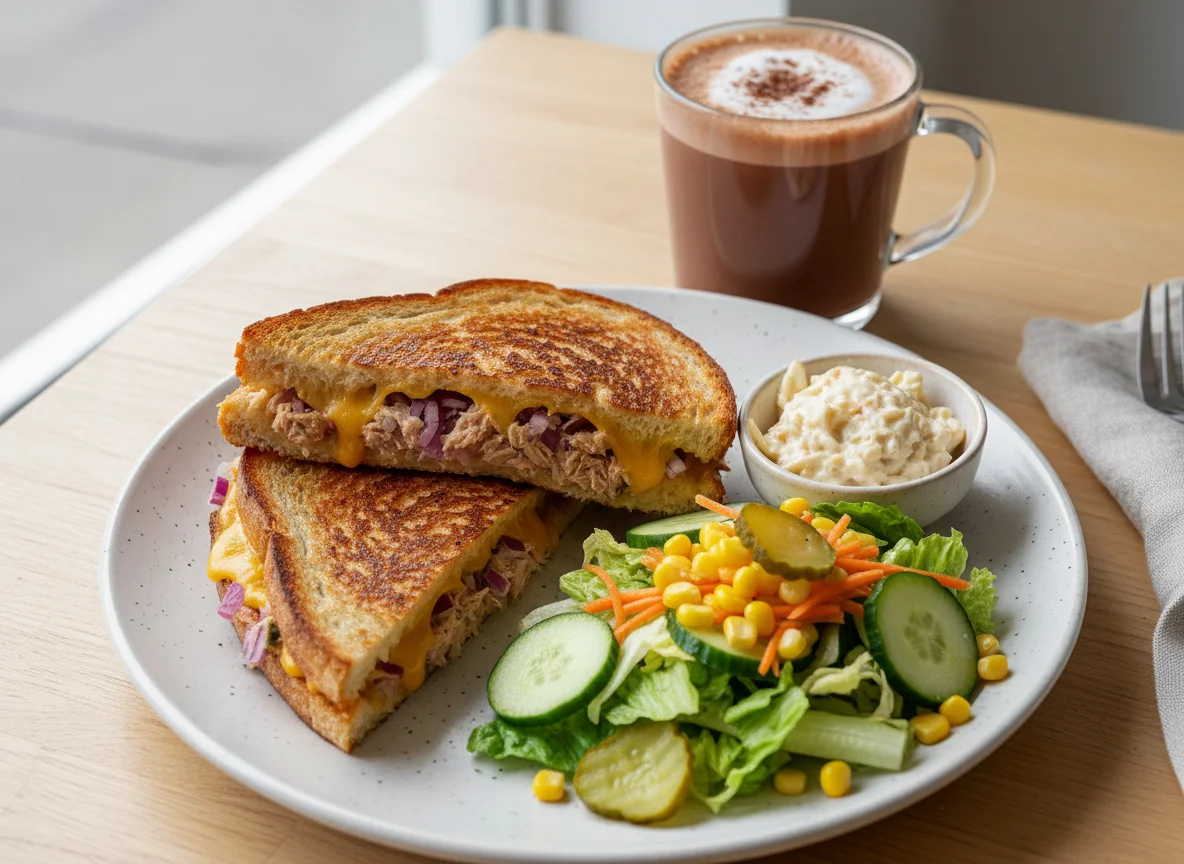 Grilled tuna and cheese panini with side salad and hot chocolate photo