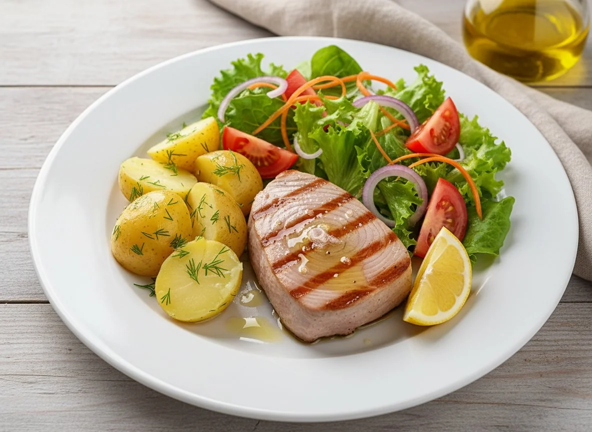 Grilled Tuna Steak with Potatoes and Salad photo