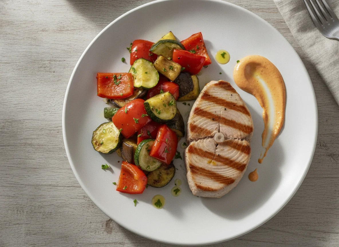 Grilled Tuna Steak with Roasted Vegetables and Spicy Mayo photo