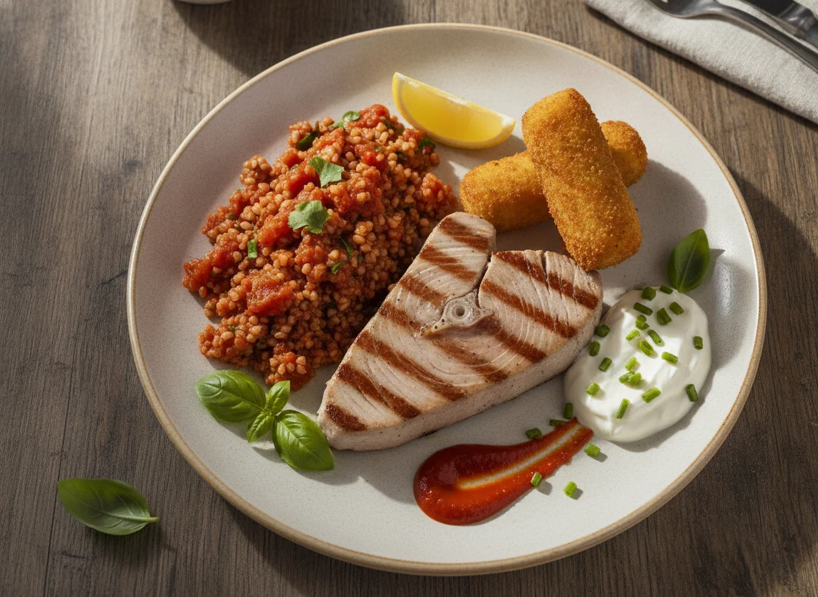 Grilled tuna with bulgur and croquettes photo