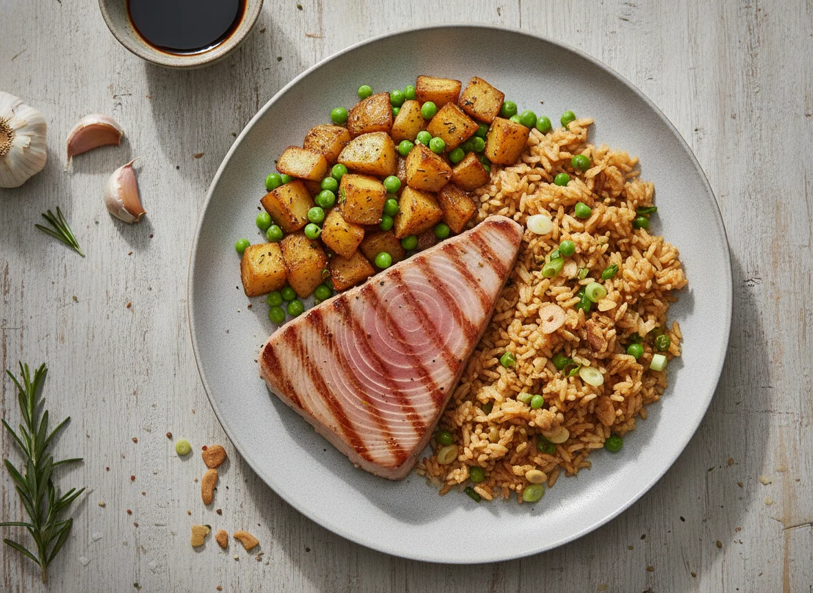 Grilled Tuna with Garlic Rice and Sautéed Potatoes and Peas photo