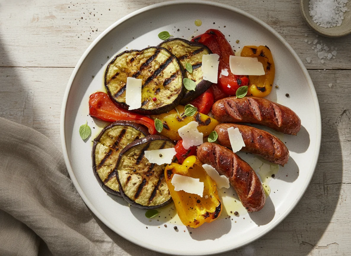 Grilled Vegetables and Sausages with Cheese photo