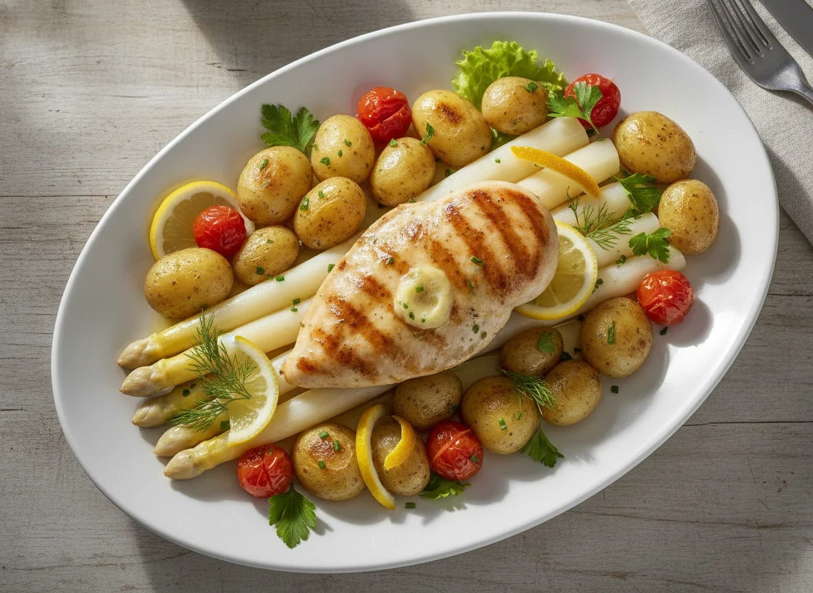 Grilled White Asparagus with Chicken and Potatoes photo