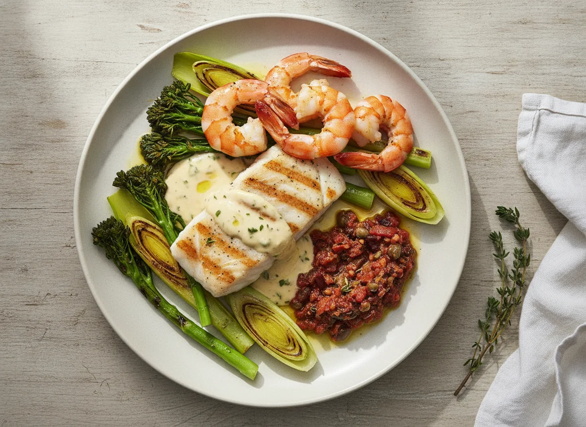 Grilled white fish with prawns and seasonal vegetables photo