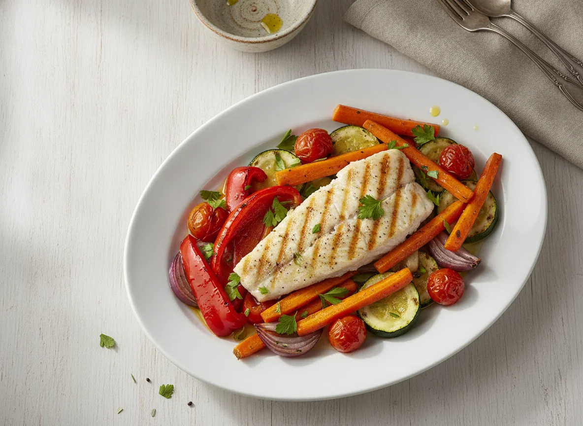 Grilled white fish with roasted vegetables photo